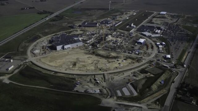 A photograph of an aerial view over an ESS construction site.