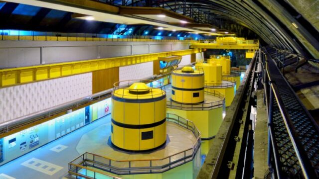 A photograph of turbines in a hydro station.