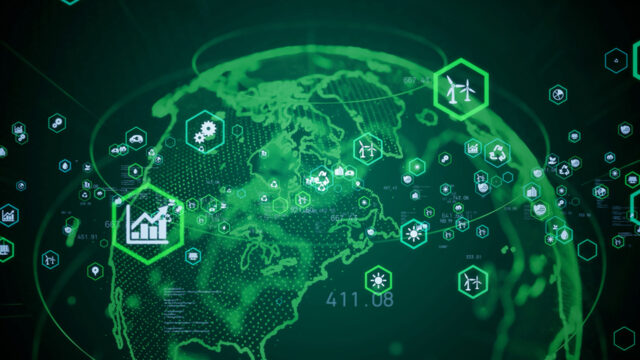 A graphic of a green outline of the globe.