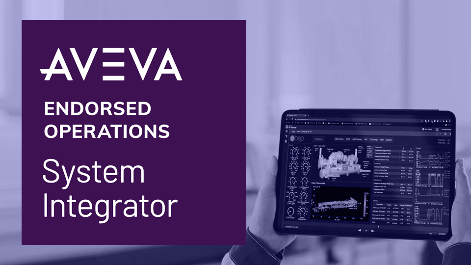 AVEVA System Integrator logo with hands holding a tablet next to it.