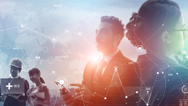 A photograph of a group of people with statistical graphs edited on top of them.