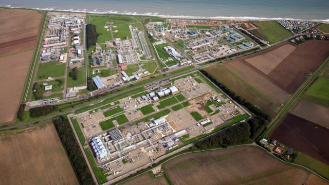 An aerial view of the Bacton gas terminal on the North Norfolk coast at Bacton, Norfolk, U.K.