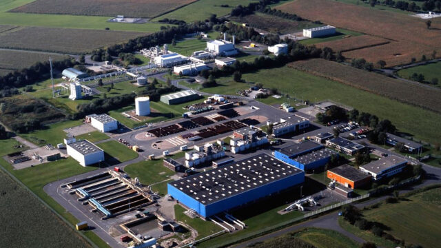 An aerial shot of a factory facility.